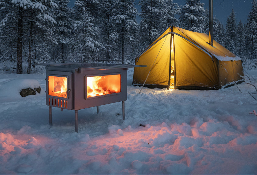 Tent wood stove winter camping in the snowy forest