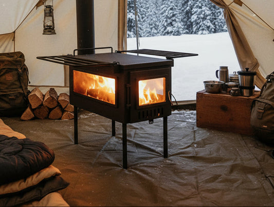 Tent wood stove in winter campsite outdoors