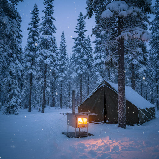 Tent camping on snow in the forest with wood stove