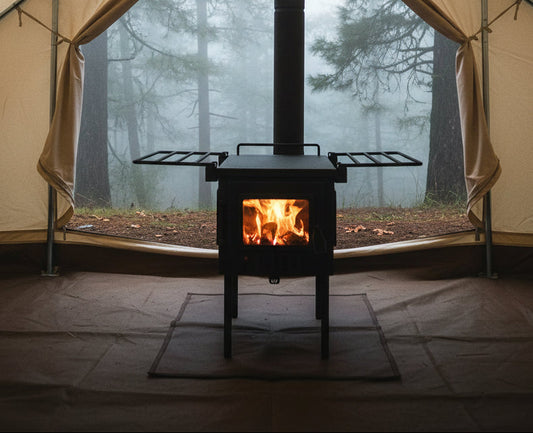 Tent wood stove burning firewood in the forest