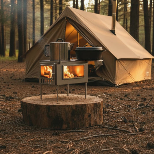 Tent wood stove in forest campsite