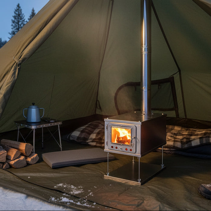 Tent wood stove in the center of the shelter floorspace 