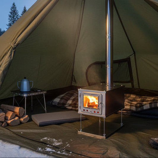 Tent wood stove in the center of the shelter floorspace 