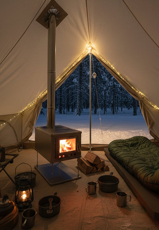 Tent wood stove with chimney pipe inside shelter 