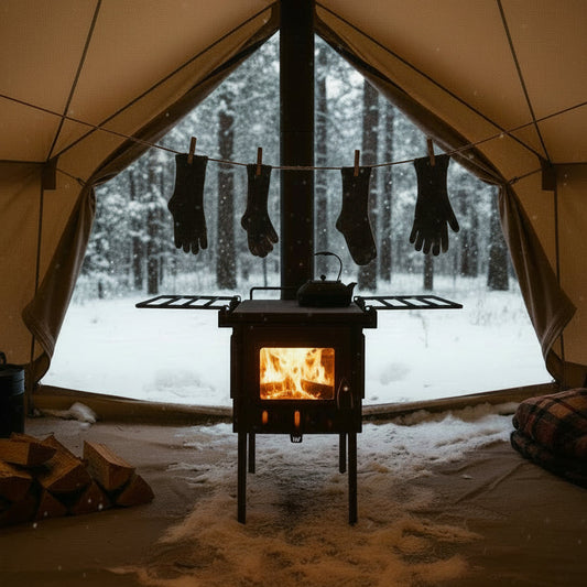 Drying clothes above tent wood stove while winter camping