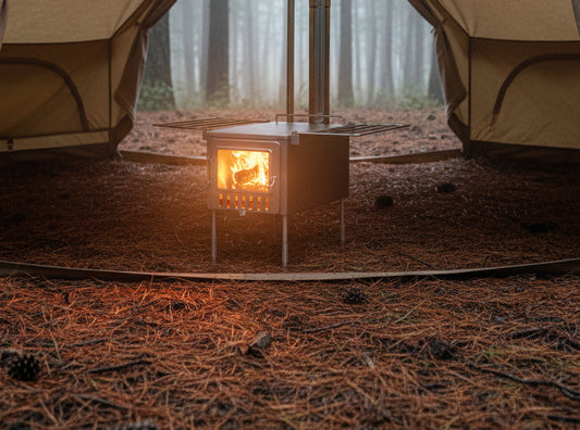 Wood stove inside a floorless tent camping in the forest