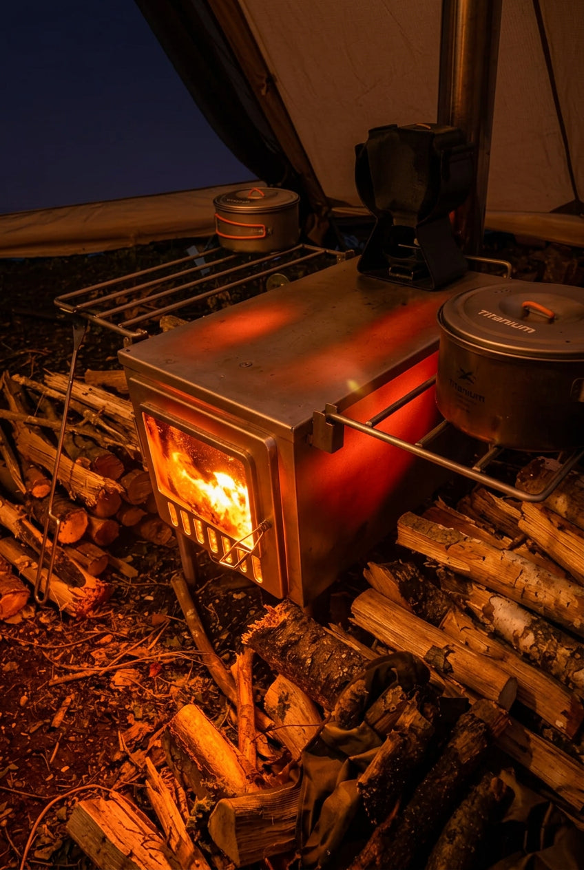 Tent wood stove glowing red while hot tent camping with firewood from the forest inside