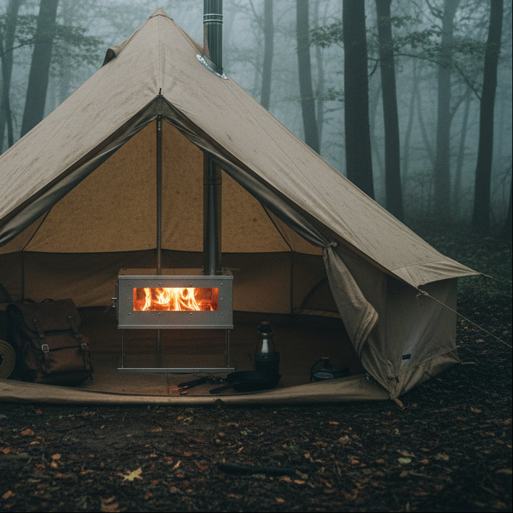 Tent heat source using wood stove in campsite 