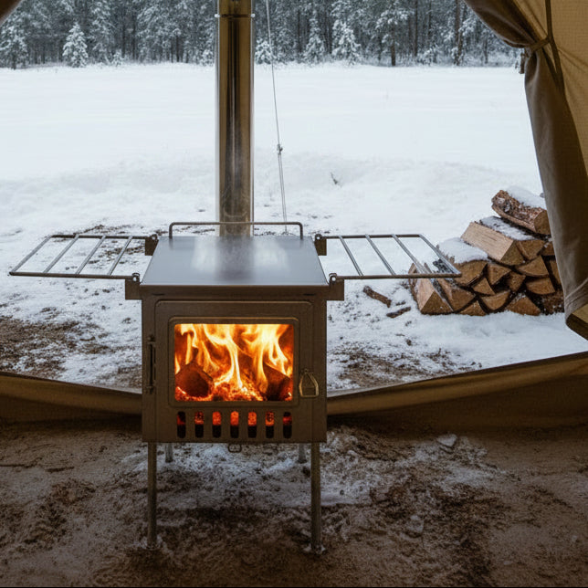 Wood stove inside hot tent with firewood and snow outside 