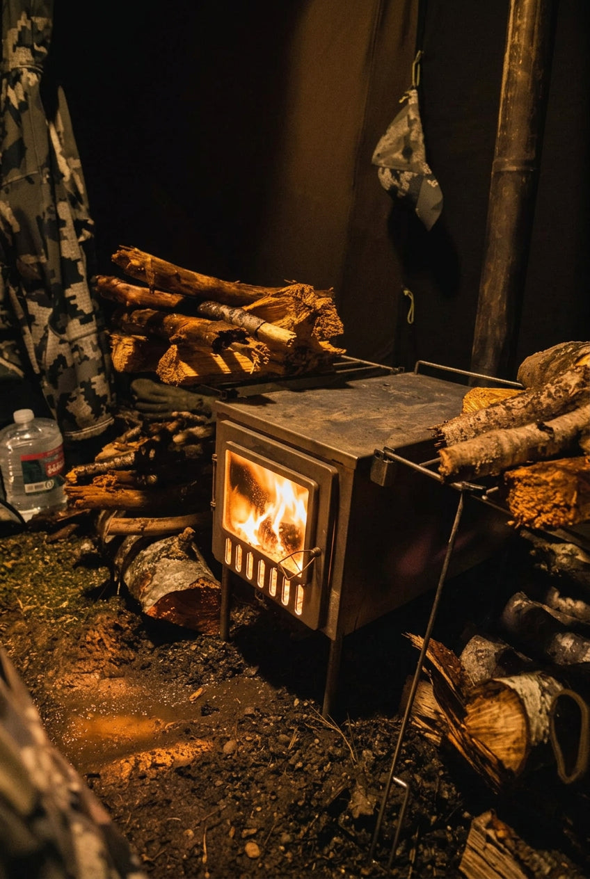 Wood stove inside tent with firewood
