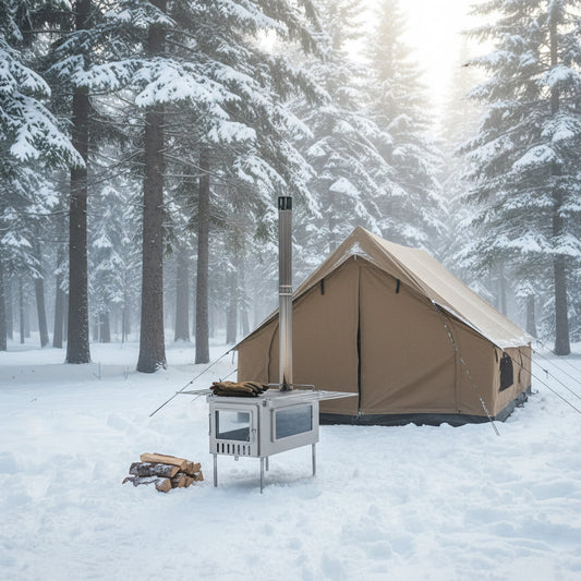 Tent wood stove in snowy forest campsite