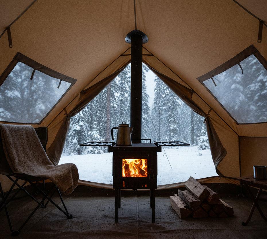 Tent wood stove in snowy forest campsite 