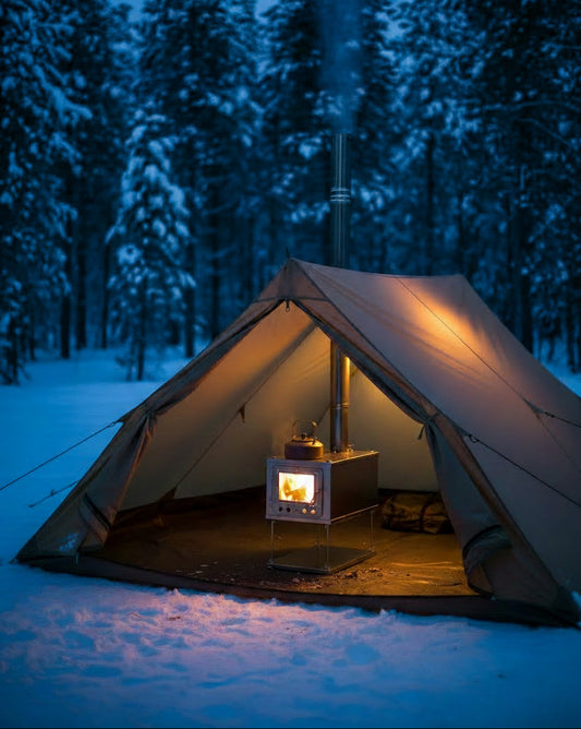 Tent wood stove in an ultralight campsite in the snow
