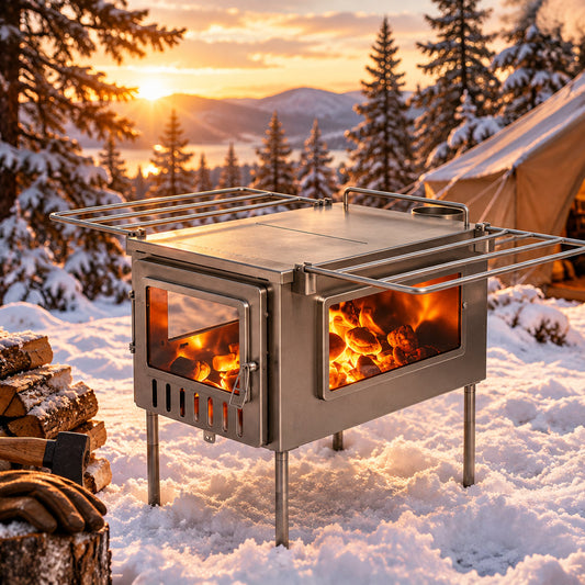 Tent wood stove inside winter camping campsite