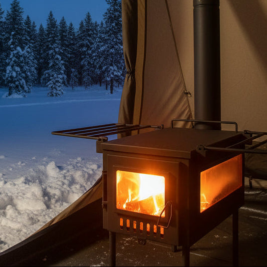 Winter camping with tent wood stove at night