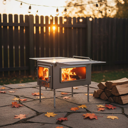 Tent wood stove first burn at home in the backyard 