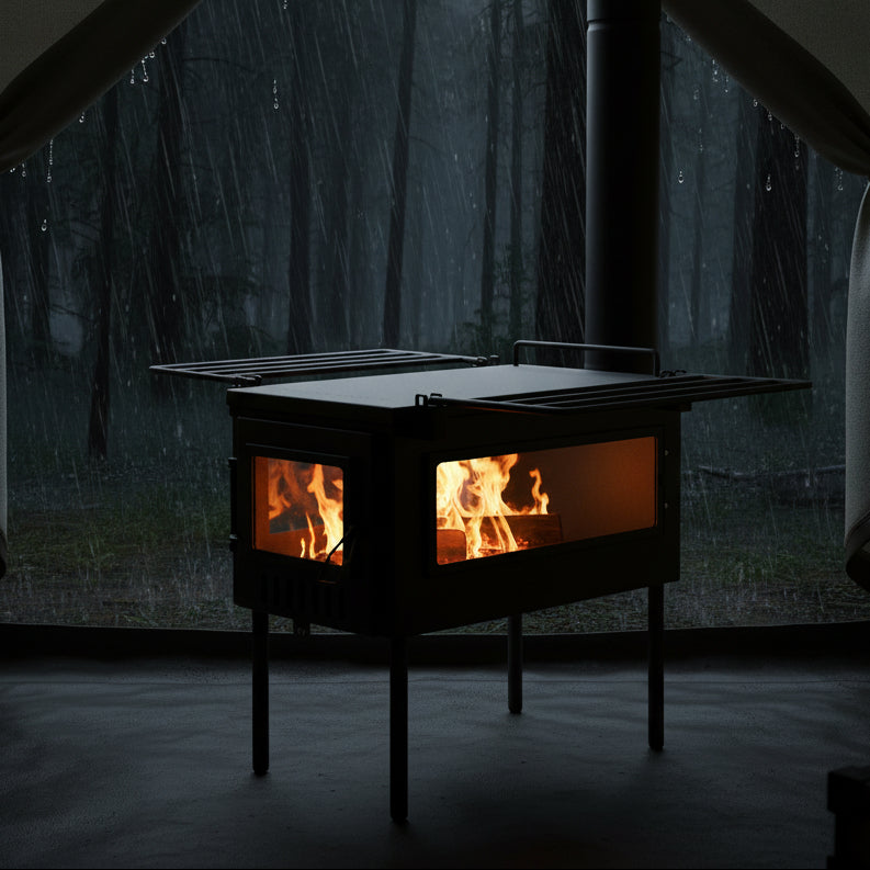 Tent stove camping in the rain forest