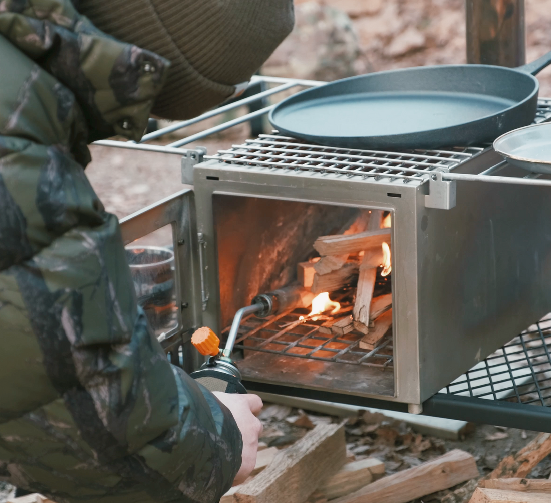 Tent wood stove with bbq grill and cast iron pan