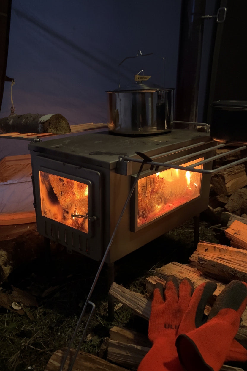 Hot Tent Wood Stove burning firewood for heat and stovetop cooking