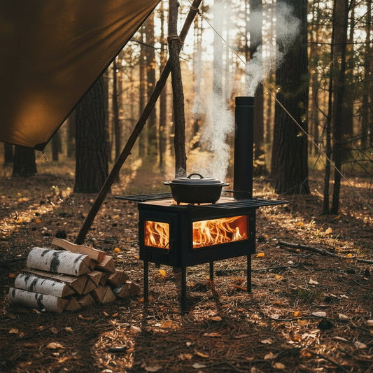 Tent wood stove burning firewood in bushcraft style campsite