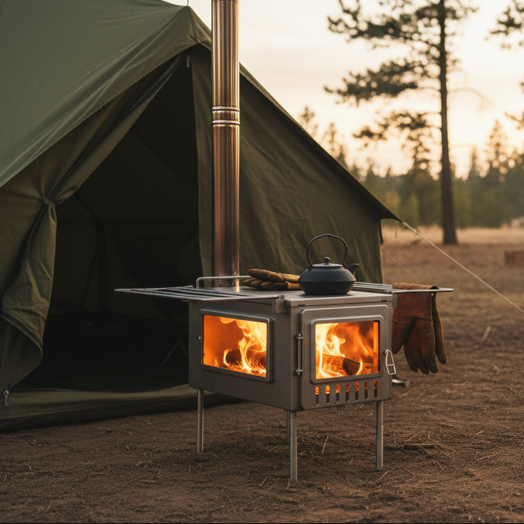 Bushcraft style campsite with tent wood stove