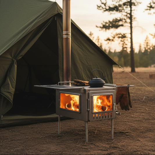 Bushcraft style campsite with tent wood stove