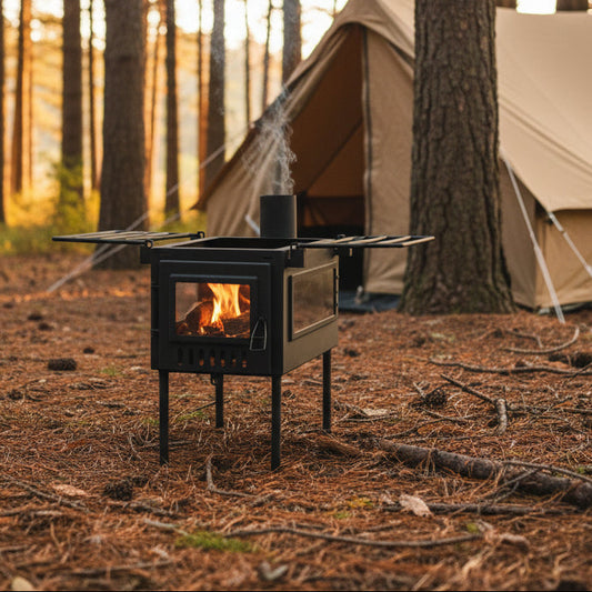 Tent wood stove burning firewood in campsite 