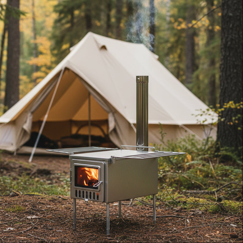 Tent wood stove inside forest campsite