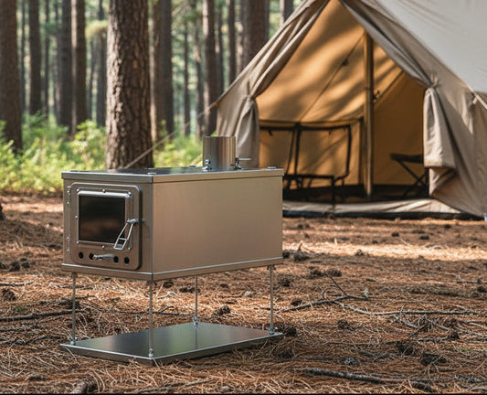 Tent wood stove in campsite