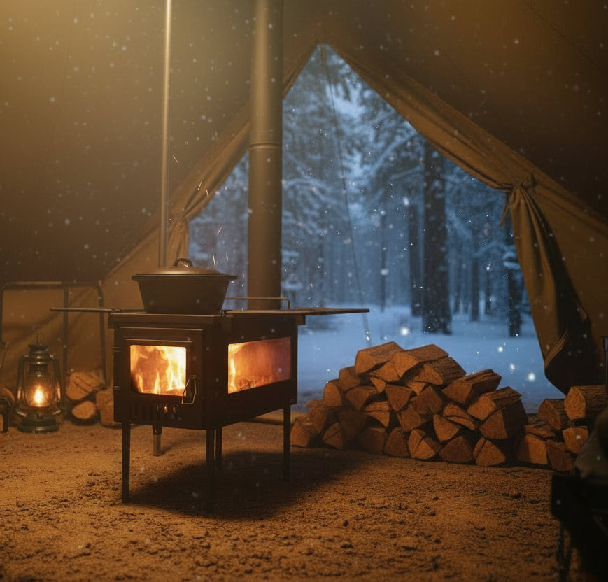 Cozy campsite with tent wood stove