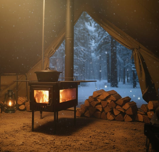 Cozy campsite with tent wood stove