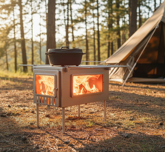 Tent wood stove in campsite with dutch oven on stovetop