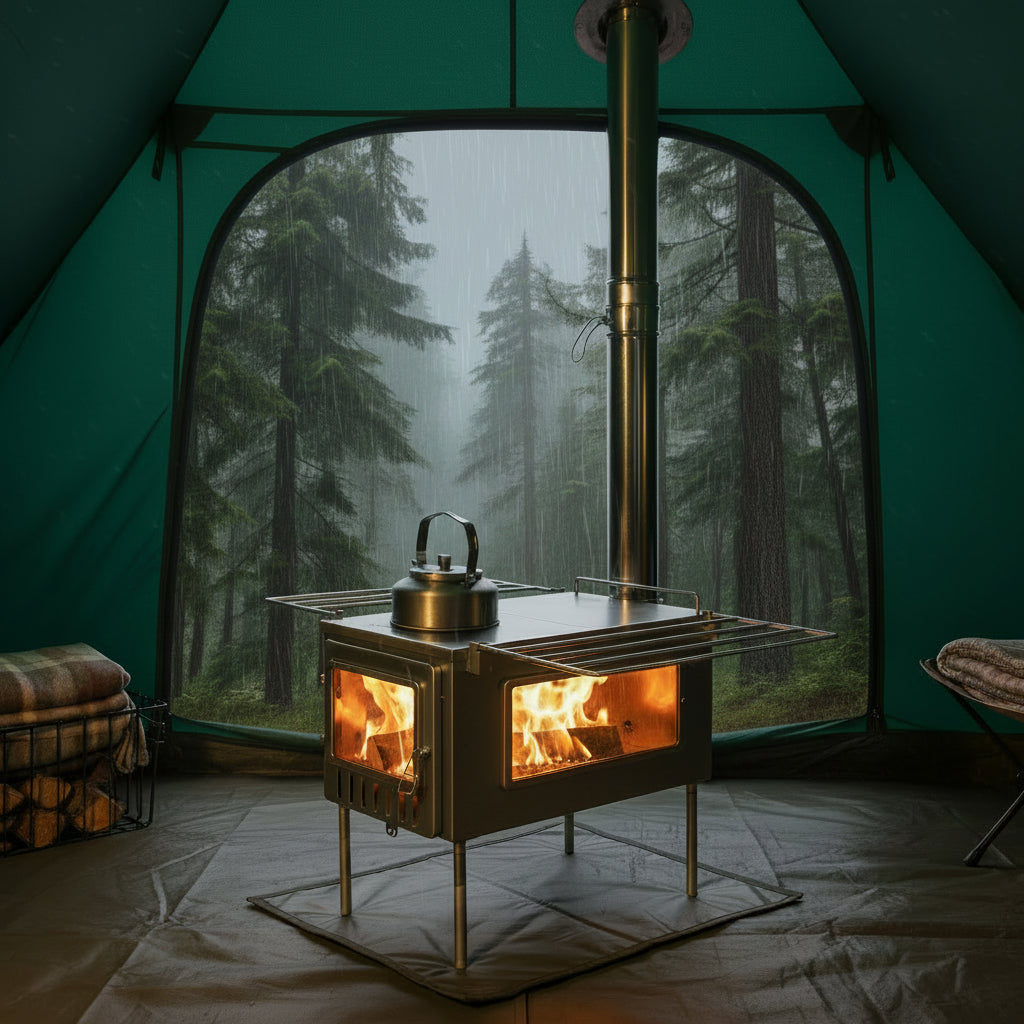 Tent wood stove camping in the forest during heavy rain