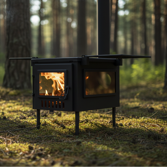 Tent wood stove in the forest