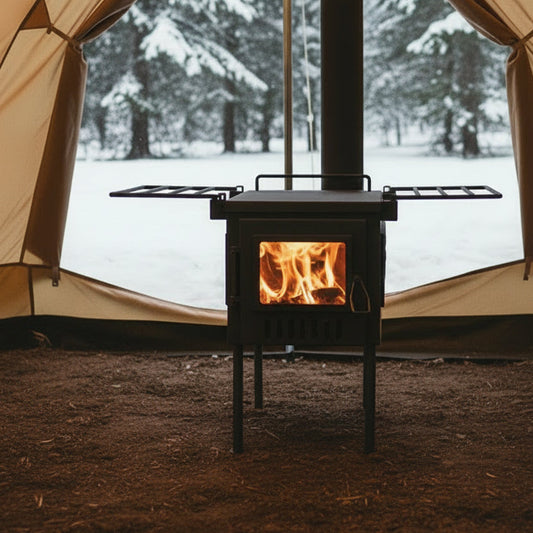 Tent wood stove in campsite burning firewood as heat source
