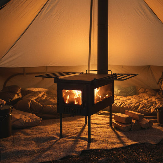 Tent wood stove after lighting inside shelter 