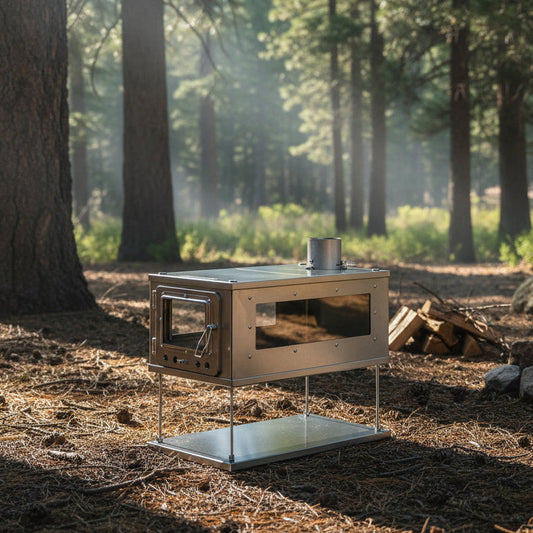 Tent wood stove in forest campsite 