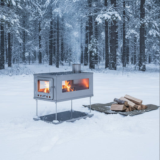 Tent wood stove in snowy forest campsite