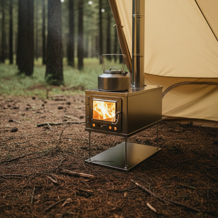 Titanium tent stove camping in the forest inside a floorless shelter 