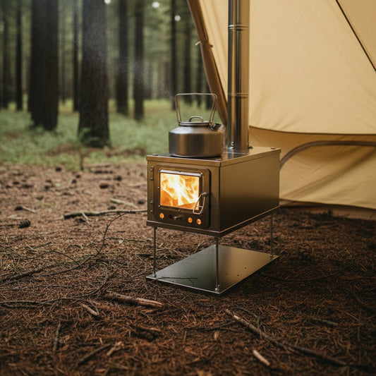 Titanium tent stove camping in the forest inside a floorless shelter 