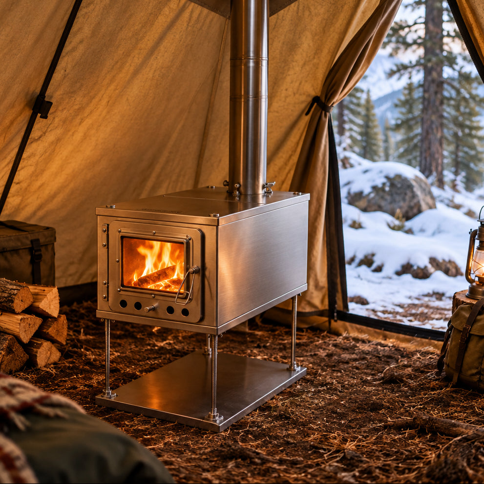 Collapsible titanium tent stove camping in a snowy forest