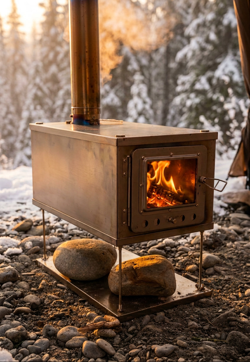 Titanium tent wood stove in winter camping campsite 