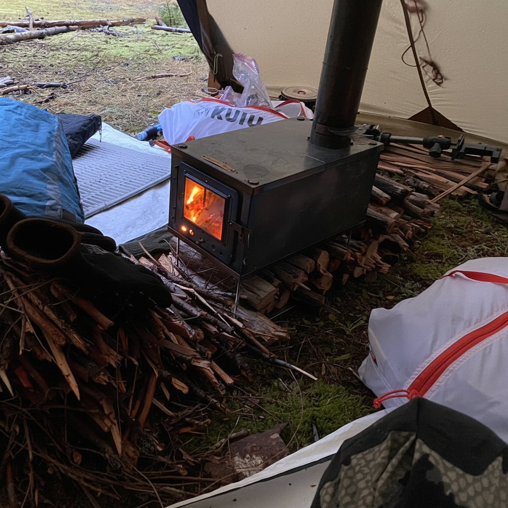 Titanium tent wood stove with firewood in backcountry campsite
