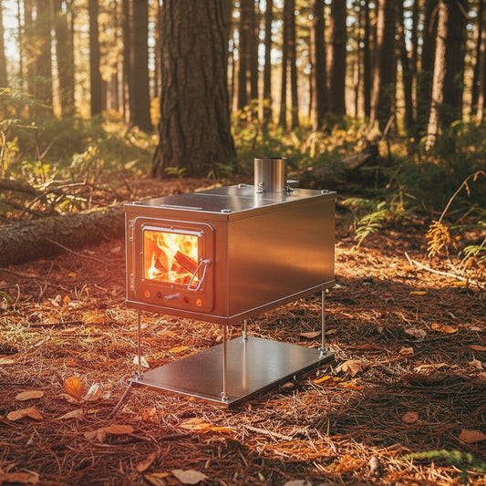 Titanium tent wood stove set up on the forest with fire viewing window