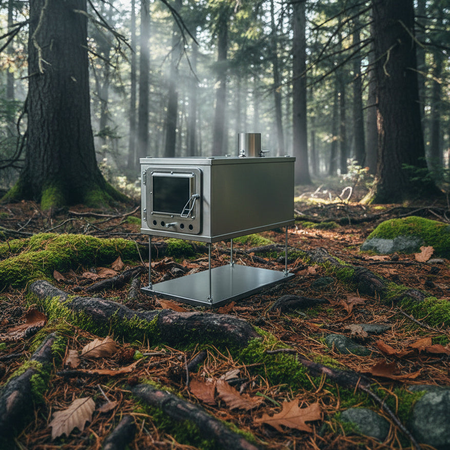 Titanium tent wood stove in the forest