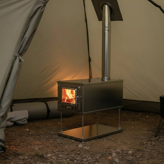Tent wood stove inside nylon backpacking shelter 