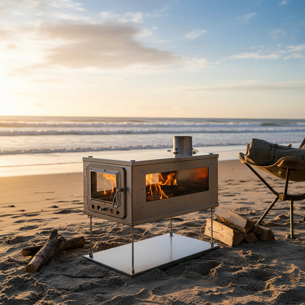 Clean titanium tent wood stove camping on beach