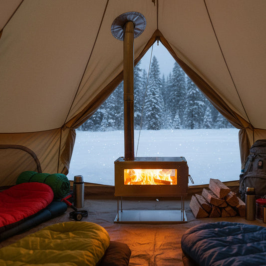 Titanium wood stove in campsite 