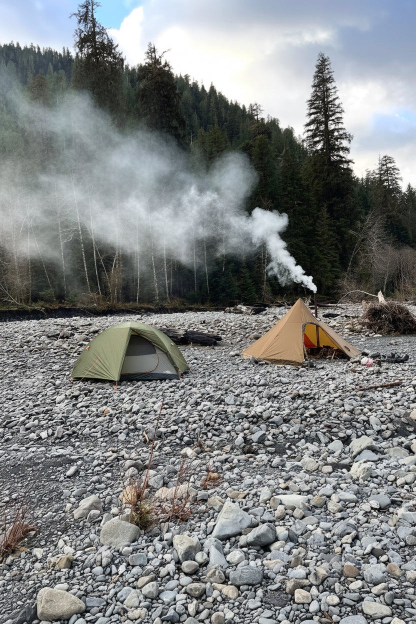 Backpacking campsite with traditional tent and floorless shelter with wood stove