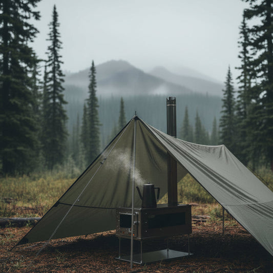 Ultralight hot tent campsite setup in the mountains 